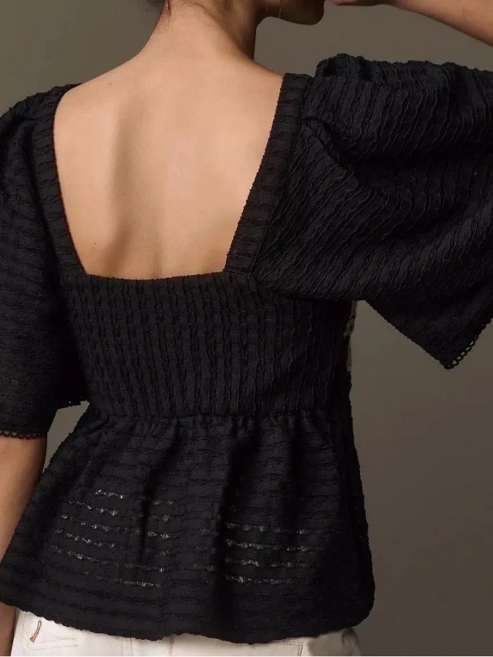 Anthropologie | Sarah Hann Black Peasant Top with White Crochet Panel